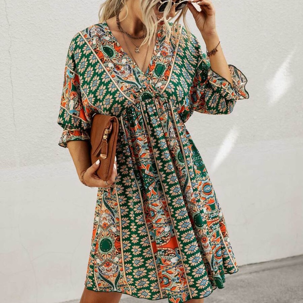 Bohemian Green Orange Paisley V neck Gypsy Mini Dress - Picture 4 of 4